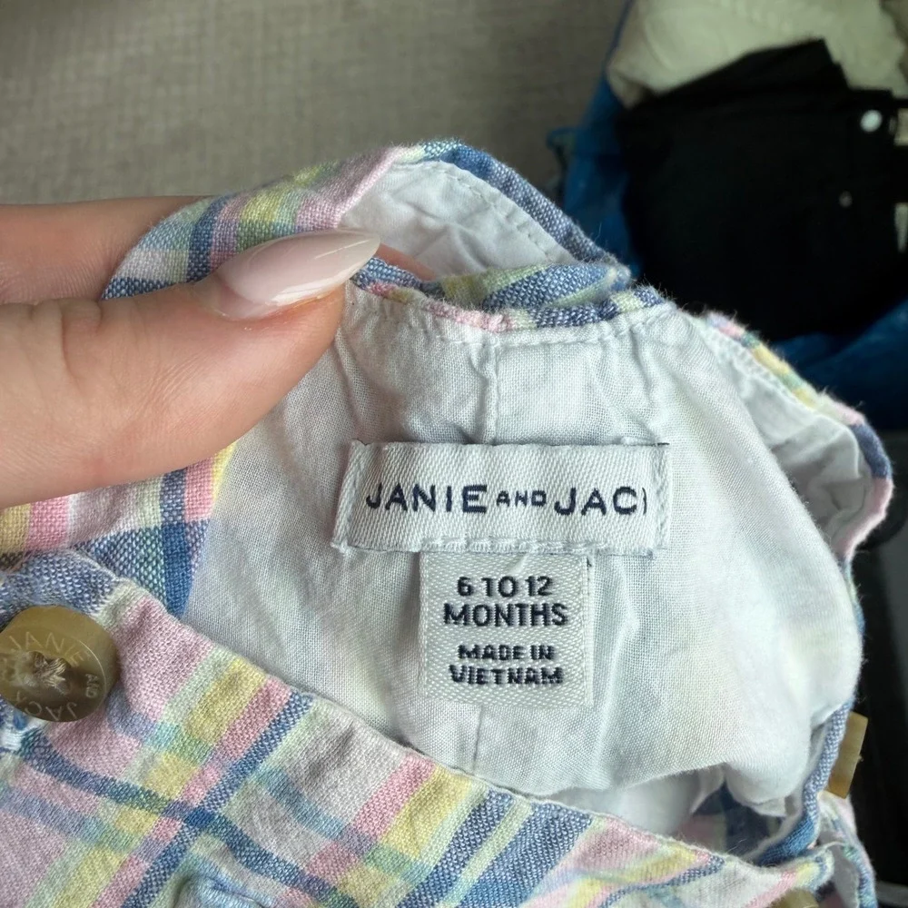 Janie and Jack Baby Blue and‎ Pink Plaid Shortalls Size 6-12 Months